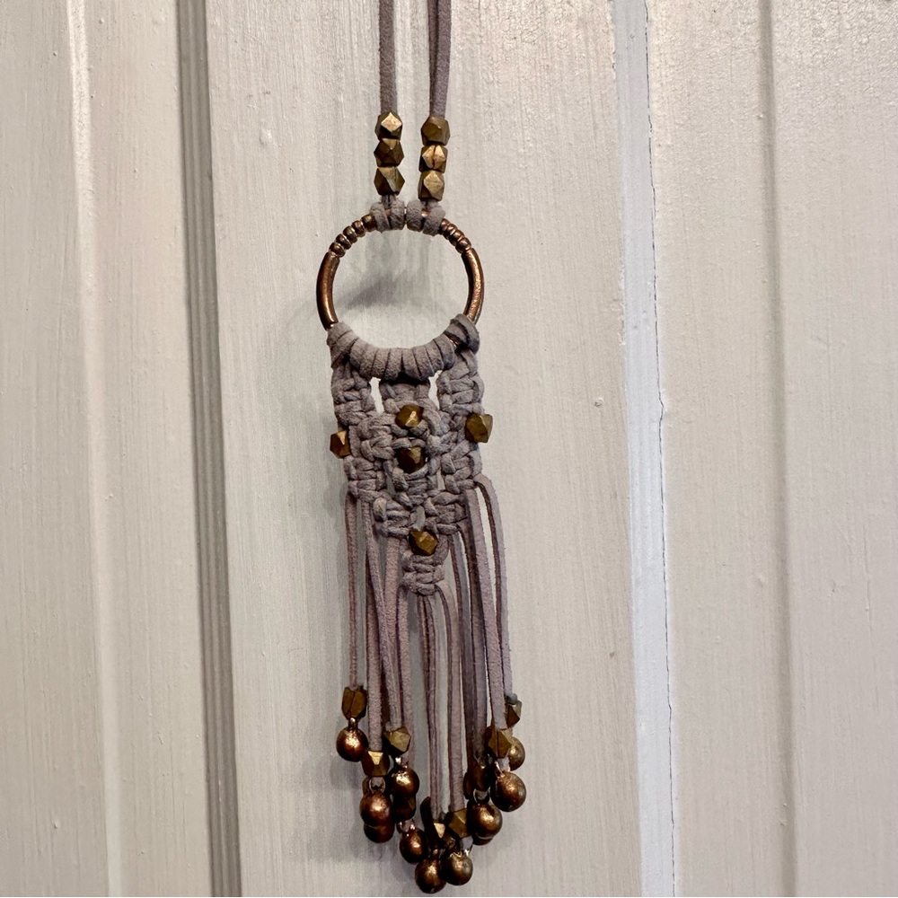 Noonday necklace, gray leather & gold beads